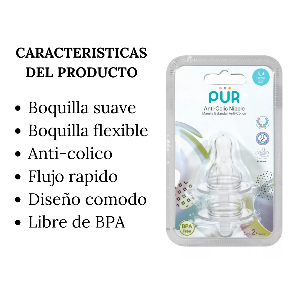 Kit de Biberón y Mamilas -Flujo Lento y Rápido - PÜR