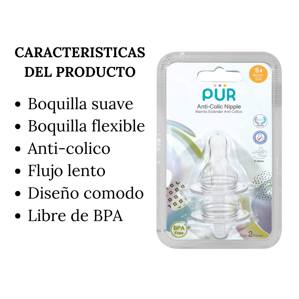 Kit de Biberón y Mamilas -Flujo Lento y Rápido - PÜR