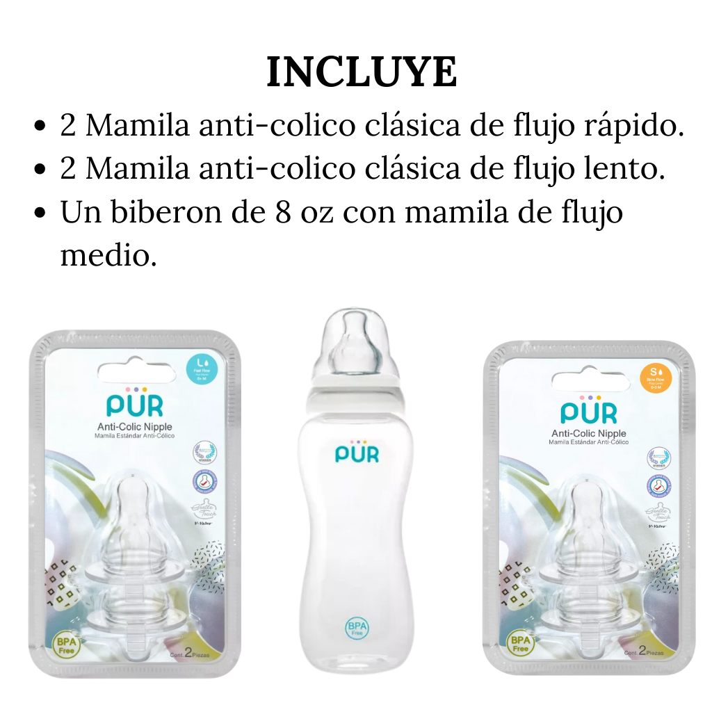 Kit de Biberón y Mamilas -Flujo Lento y Rápido - PÜR