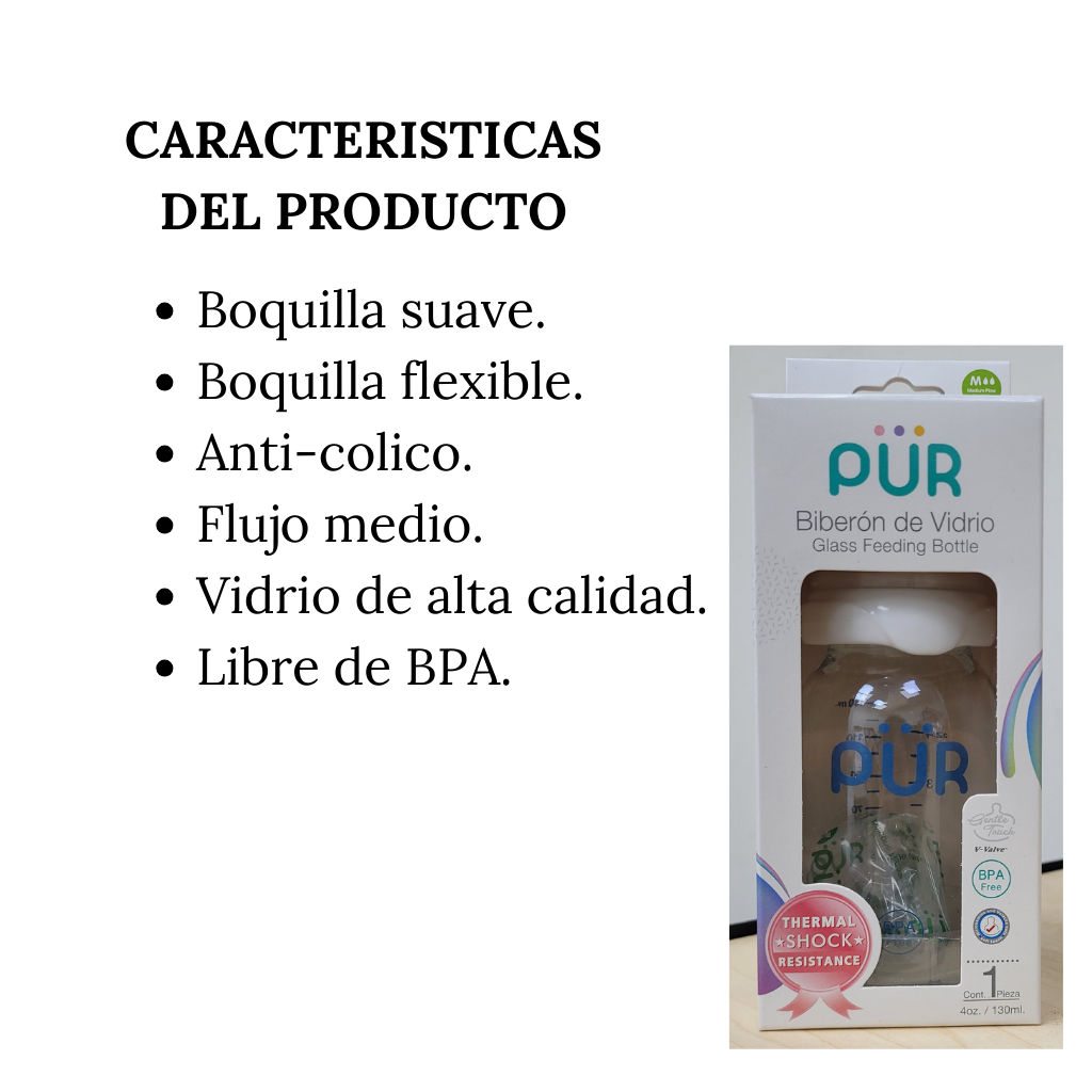 Biberón de Vidrio Anti-Cólico  4oz/130ml - PÜR