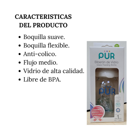 Biberón de Vidrio Anti-Cólico  4oz/130ml - PÜR